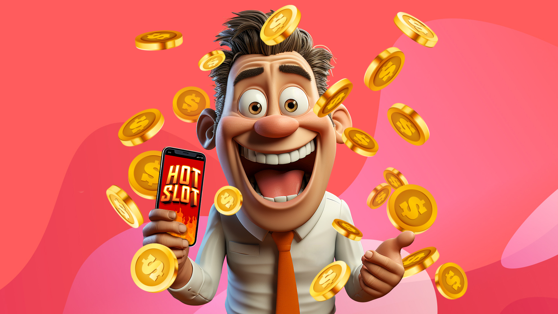 A cartoon man holding a mobile phone playing hot online slots, while being showered with gold coins against a pink background.