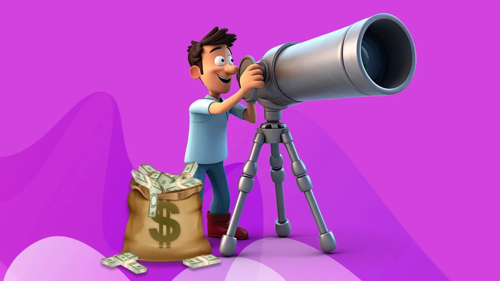 Cartoon man peering down a large telescope with a bag of cash by his side, set against a purple background.