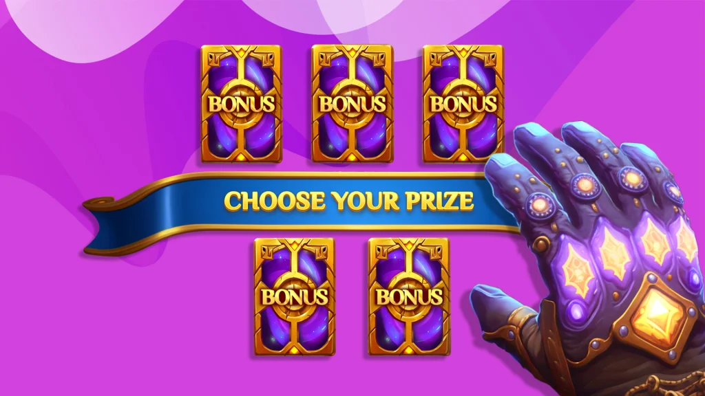 A cartoon warrior’s hand over five slot game symbols over a text ribbon that read ‘choose your prize’.