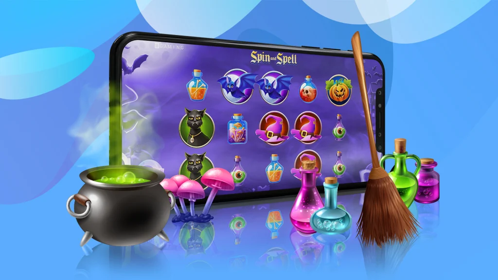Mobile phone previewing the gameplay from the SlotsLV Spin and Spell slots game against a blue background.