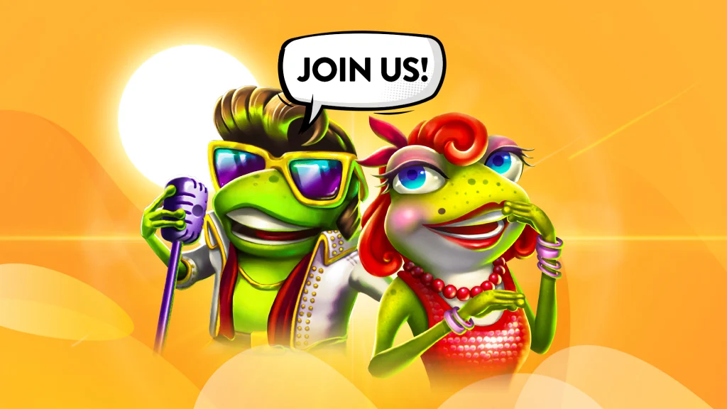 Two frog characters from SlotsLV slots games, with the text ‘Join Us!’ above, set against an orange background.