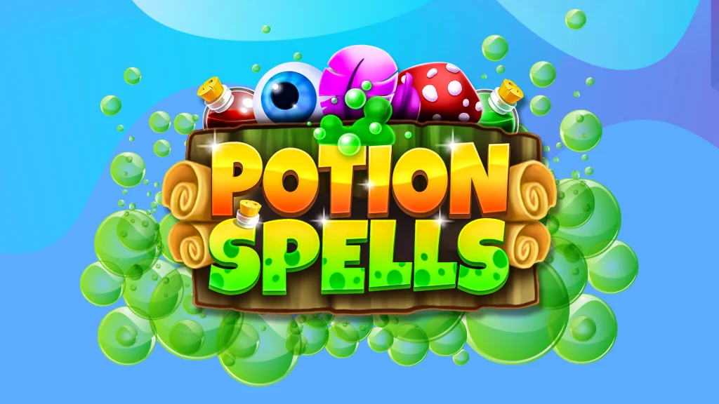 The logo from the SlotsLV slots game, Potion Spells, surrounded by green bubbles against a blue background.