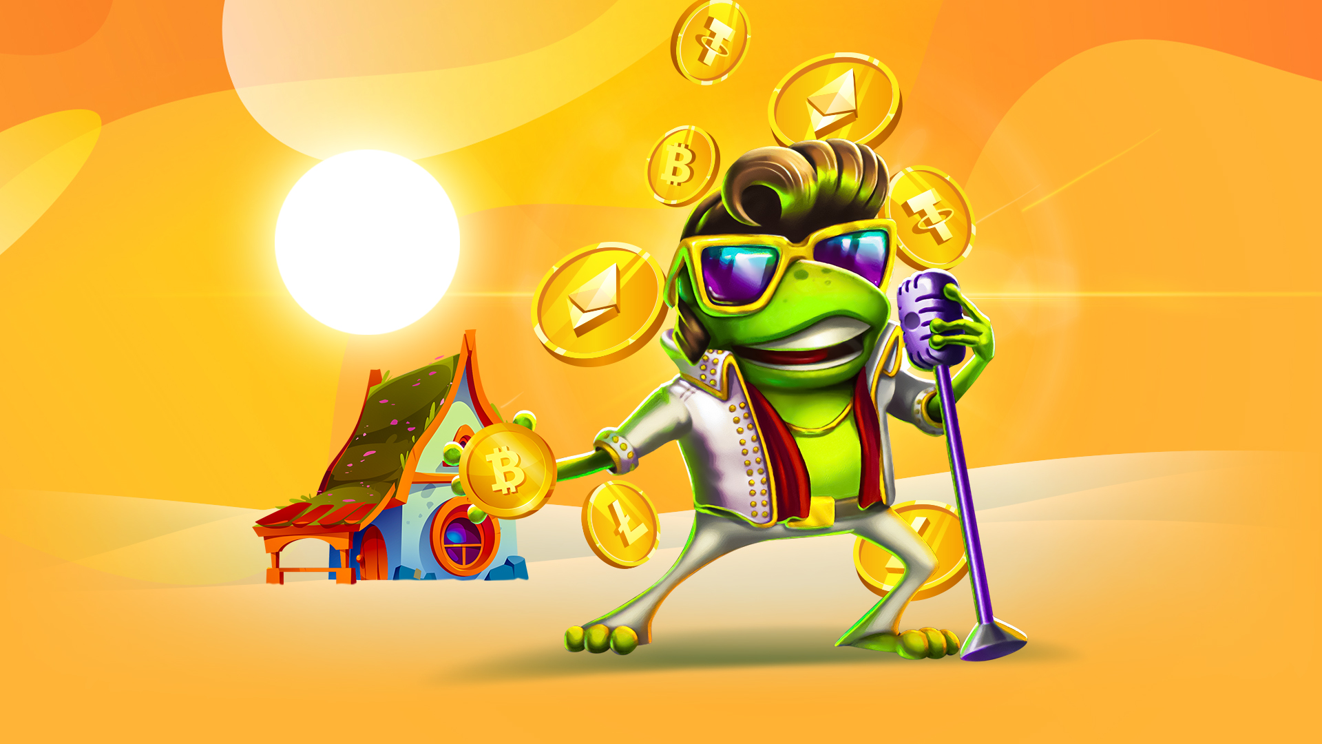 A cartoon frog in an Elvis costume with assorted Bitcoins, Litecoins, Ethereum and other crypto coins, set against an orange background.