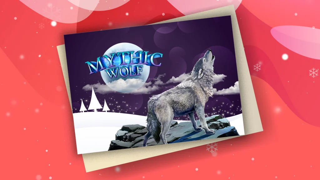 A Christmas card featuring a howling wolf and the SlotsLV slots game logo for ‘Mythic Wolf’ against a pink background.