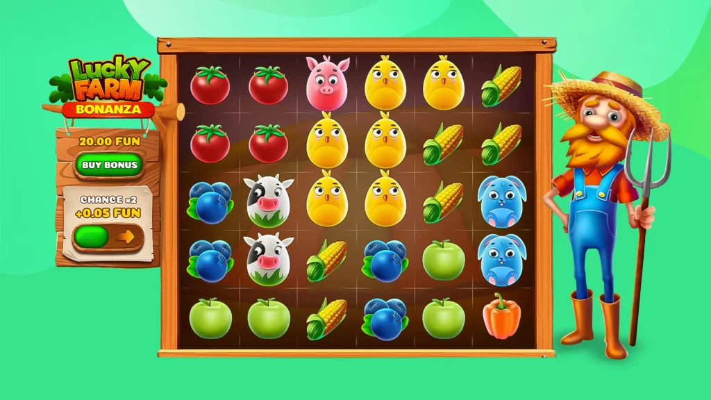 Various game symbols from the lucky farm bonanza slot game beside an animated farmer standing against a green background.