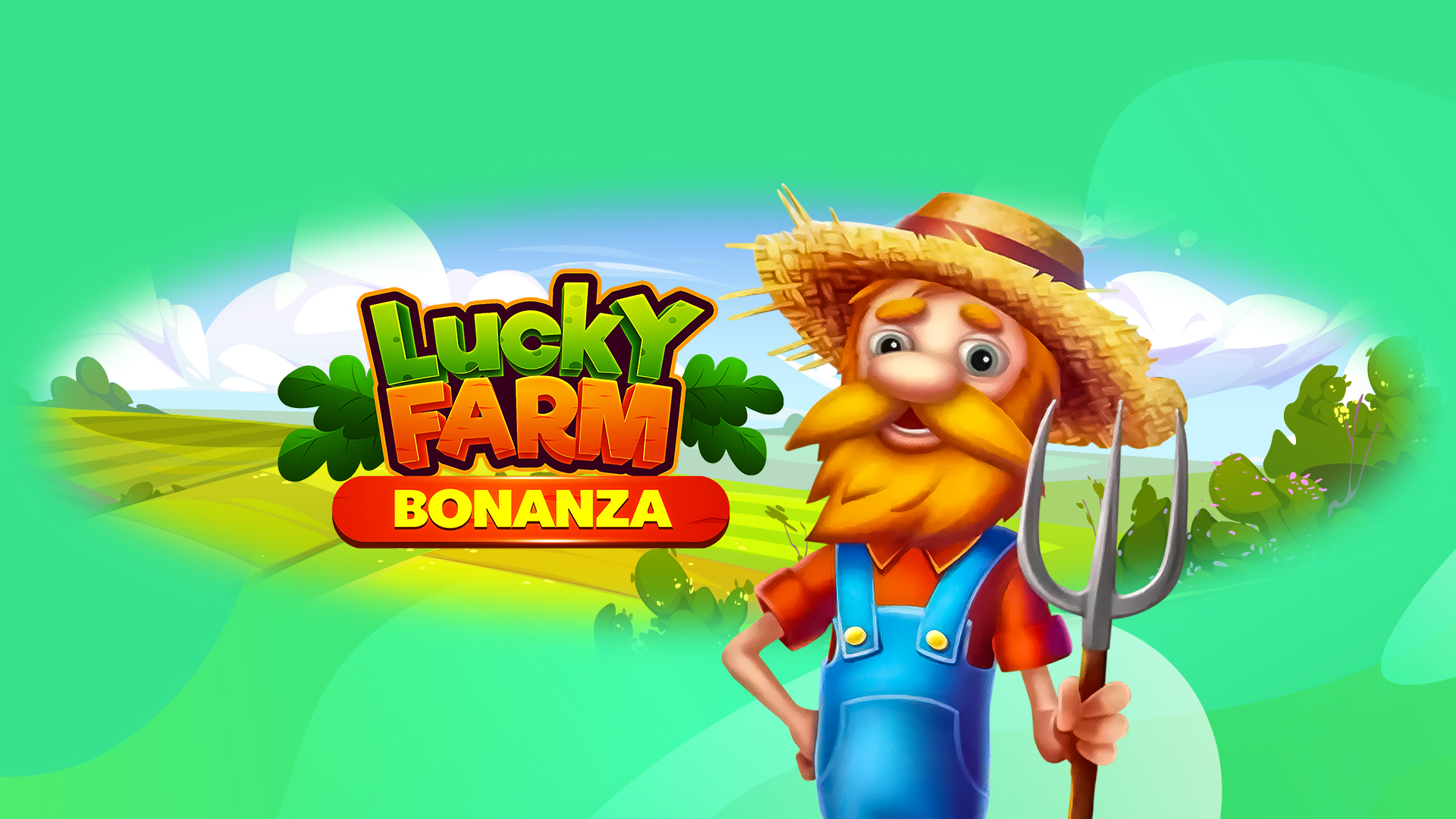 Animation of a farmer in front of a written lucky farm bonanza slot game title on a bright green background