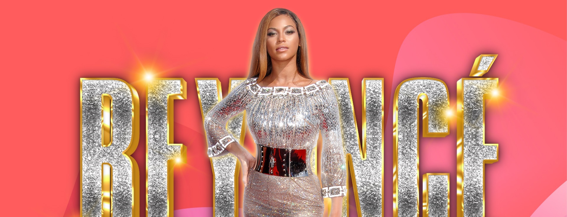 Beyoncé stands in front of her name in silver glitter, set against a pink background.