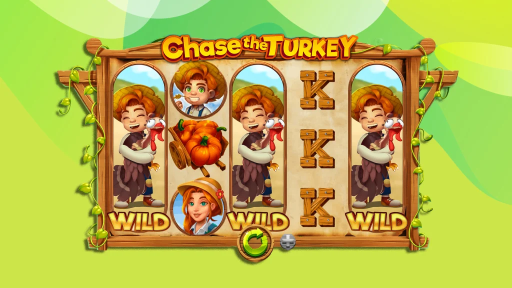 Slot game screen preview from SlotsLV’s Chase the Turkey, showing the reels with symbols against a green background.