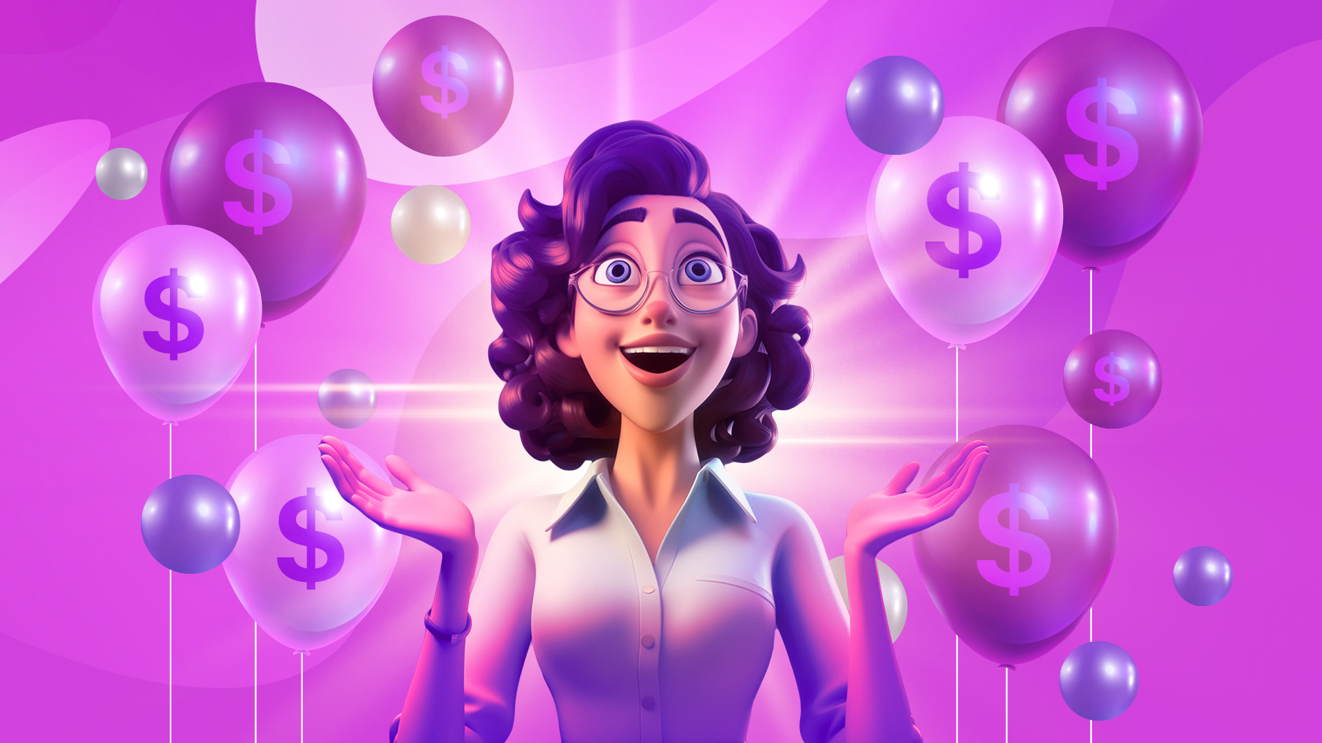 An animated female character with an amazed expression, looking towards the sky. Balloons with dollar signs float behind her.