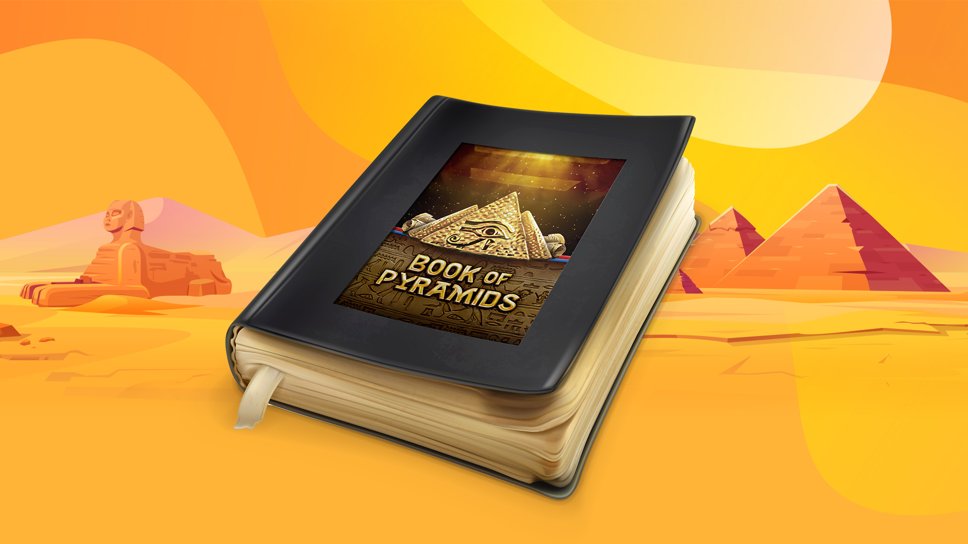 The logo from the SlotsLV online slot, Book of Pyramids, on a black leather book, on an Ancient Egyptian-themed background.