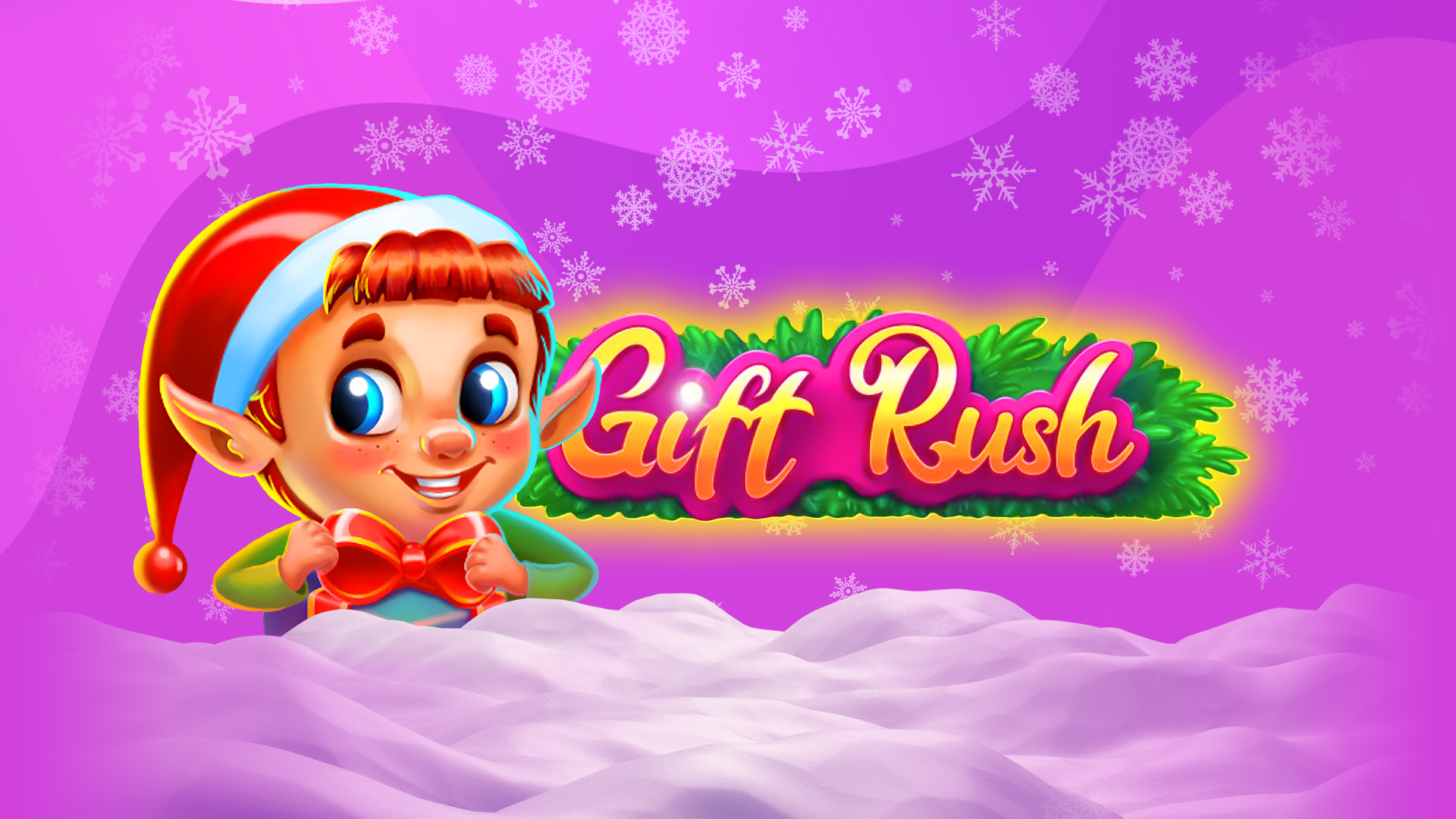Cute Elf with Gift Rush slot logo, on a bright purple background.