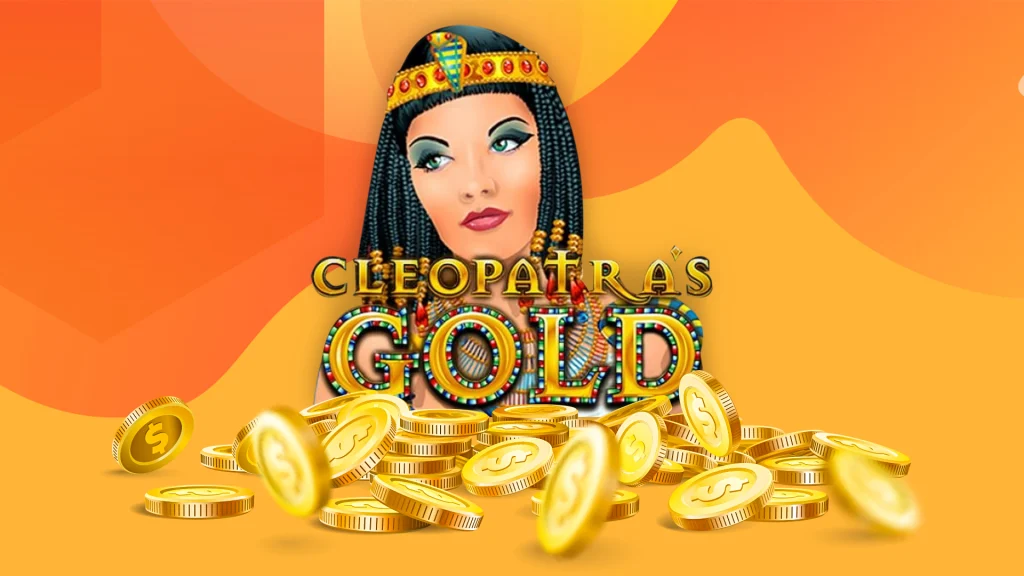 Cleopatra character from the SlotsLV online slot, Cleopatra’s Gold, on a sandy colored background.