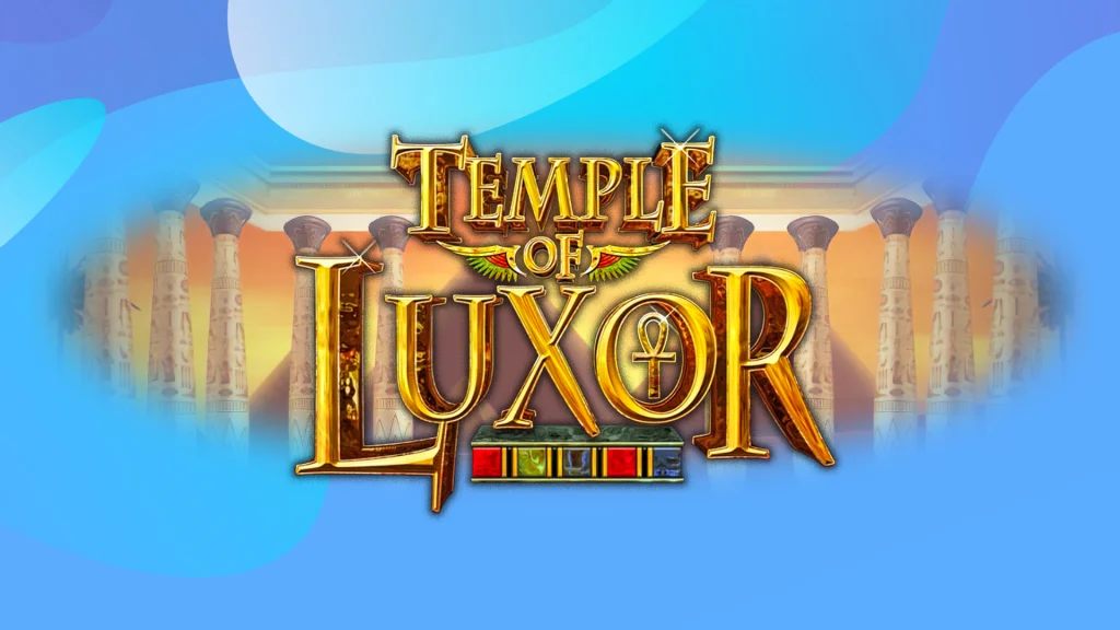 The SlotsLV slots game logo for Temple of Luxor layered on top of marble stone pillars, on a blue background.