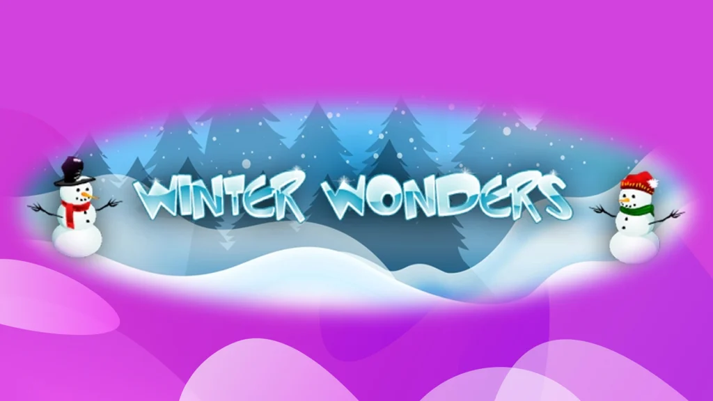 Winter Wonders slots logo with two cute snowmen, icy typography, and blue snow covered trees against a winter purple background.