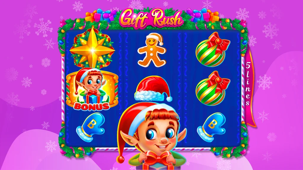 Gift Rush slot game interface, showcasing cheerful elves, shiny ornaments, and a golden star amidst snowflakes on a pink and purple background.