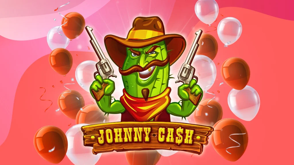 A cactus figure wearing a cowboy hat and holding two pistols is standing above a wooden plaque that reads “Johnny Cash” surrounded by red and transparent balloons on a vibrant red background.