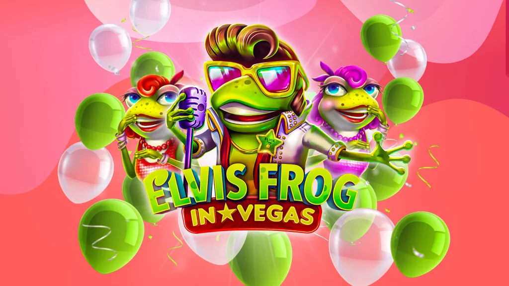 Three frog characters, one of which is dressed like Elvis, are centered and standing above the free slots logo for Elvis Frog In Vegas.
