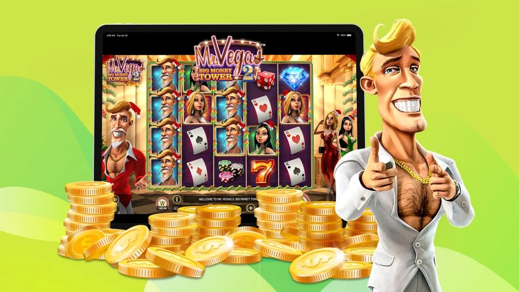 Mr Vegas points to the camera wearing an open shirt and a gold chain besides the reels from the slot Mr Vegas 2: Big Money Tower on a tablet device, with coins falling on a vibrant green background.
