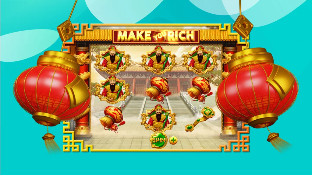 The reel from the SlotsLV online slot, Make You Rich, is displayed with two Chinese lanterns hanging either side on a colorful turquoise background.