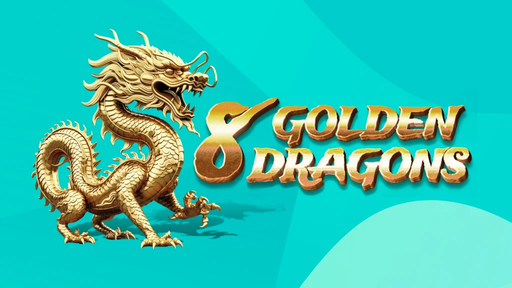 A fearsome Chinese dragon stands next to the logo for the SlotsLV online slot, 8 Golden Dragons, on a colorful turquoise background.