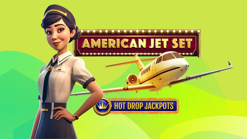 Female flight captain stands beside an airplane and the logo for the slot American Jet Set Hot Drop Jackpots on a vibrant green background.