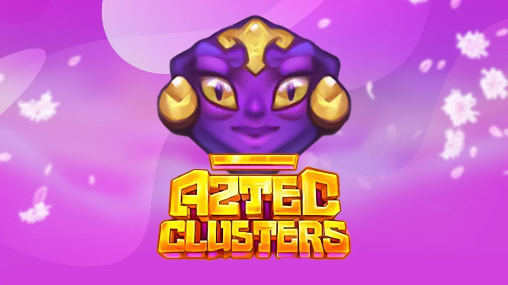 Aztec Clusters’ – a SlotsLV online slots game logo – and an ancient mask with yellow eyes, all with a purple background.