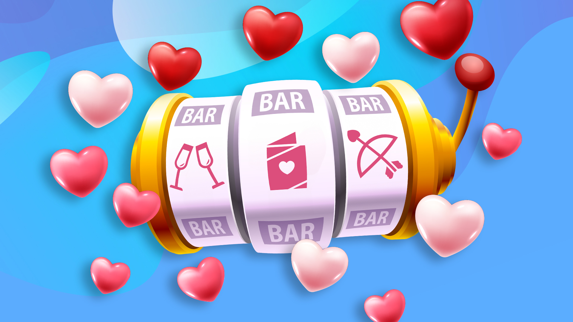 A traditional slots reel displaying love symbols including two flute glasses, a playing card with a heart, and cupid's bow, surrounded by hearts.