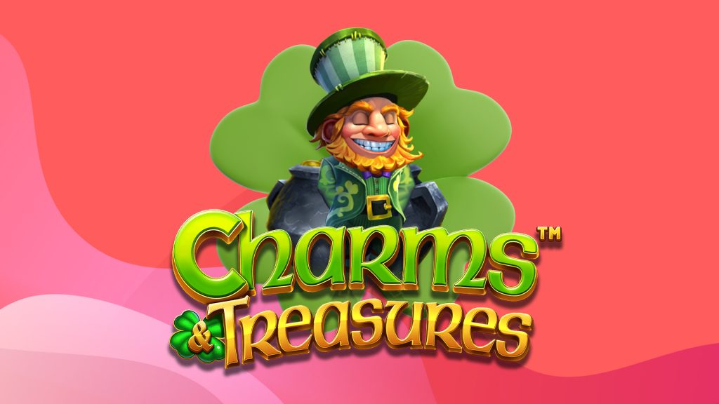 A smiling traditional Irish leprechaun is standing in front of a four leaf clover. In the foreground is the logo for the SlotsLV online slot, Charms & Treasures. 