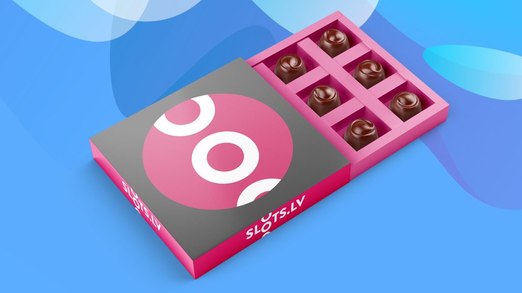 A box of chocolates with the SlotsLV branding are centered on a vibrant blue background.