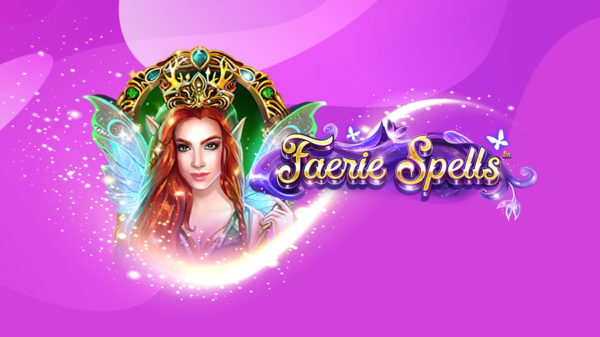 A red-haired queen faerie beside the logo for the SlotsLV online slot, Faerie Spells, on a purple background.