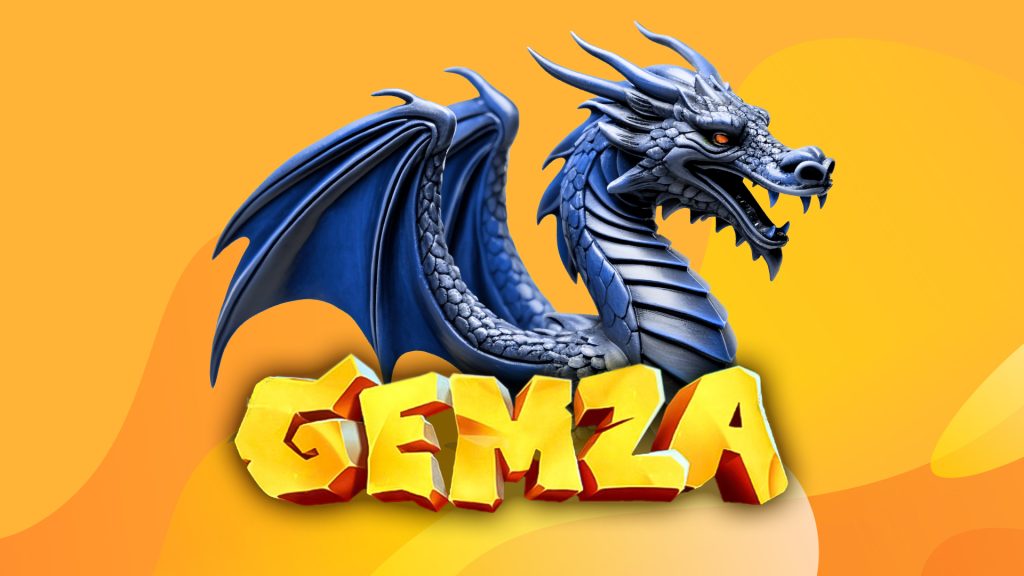 A fierce looking blue dragon sits above the logo of the SlotsLV online slot, Gemza. On a golden colored background.