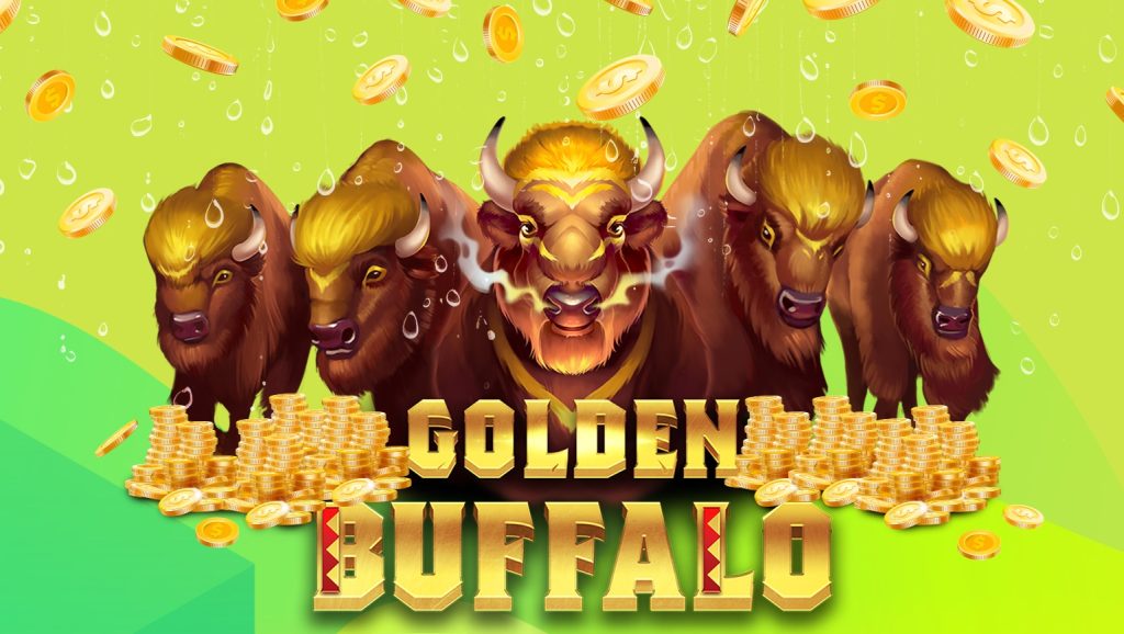Five buffalos with horns stand in the center with stacks of gold coins at their feet, and below them a SlotsLV online slots logo says ‘Golden Buffalo Hot Drop Jackpots’.