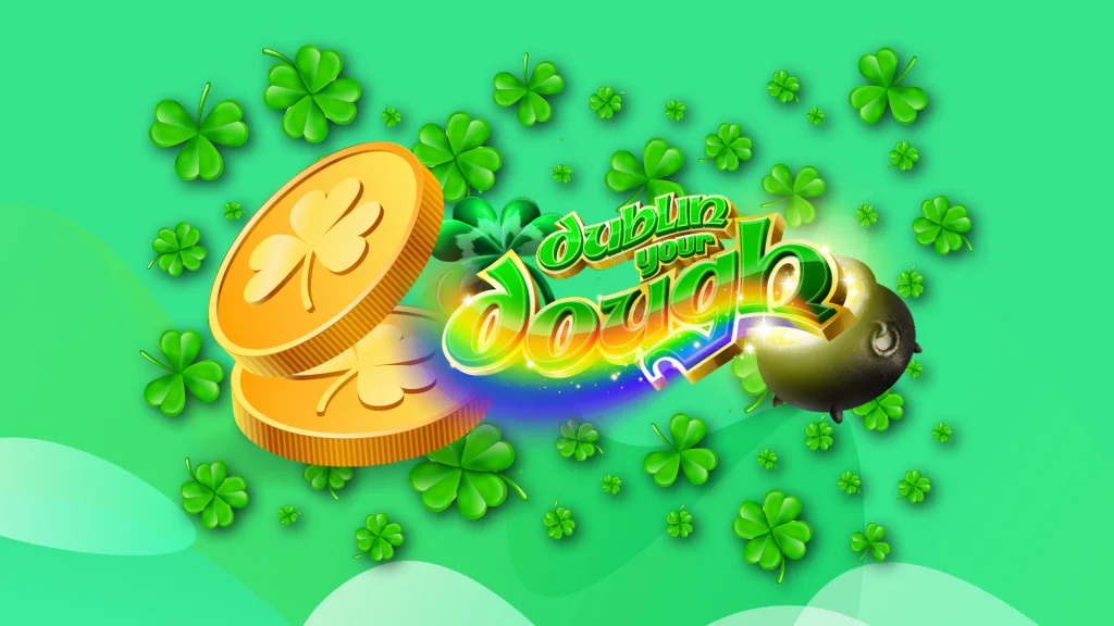 The logo for the SlotsLV online slot, Dublin Your Dough, surrounded by three leaf clovers and gold coins on a green background.