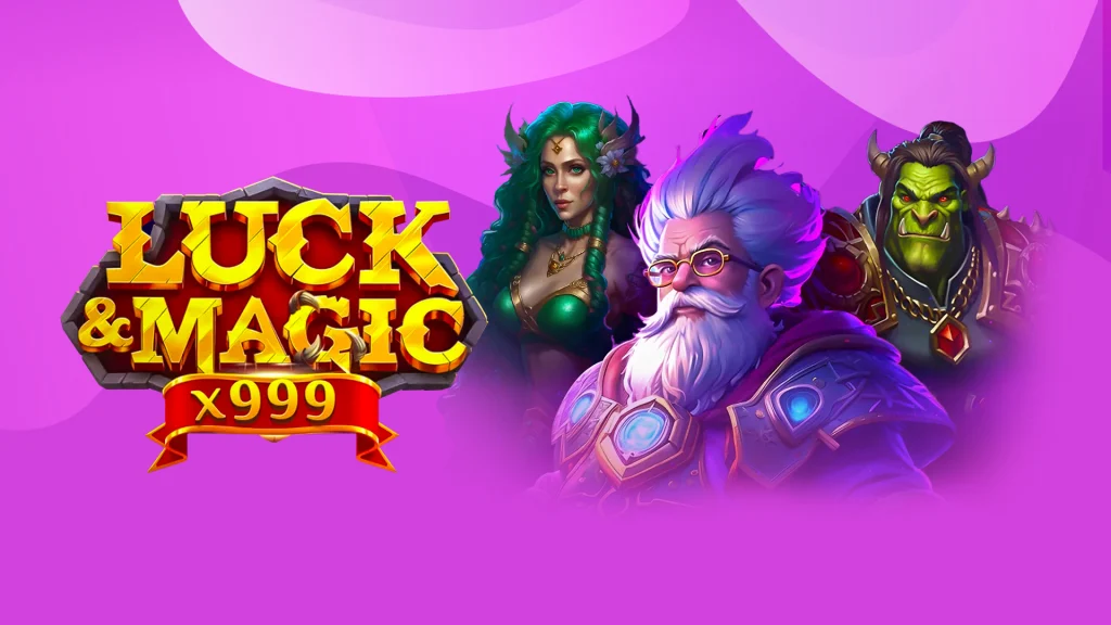 The logo for SlotsLV online slot, Luck & Magic, with three mystical characters including a horned-warrior, a bespectacled wizard, and a green-haired princess.
