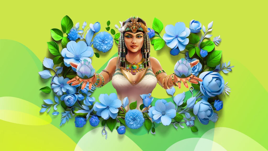 Cleo from the SlotsLV online slot, A Night With Cleo Hot Drop Jackpots, is surrounded by a blue floral arrangement, on a two-tone green background.