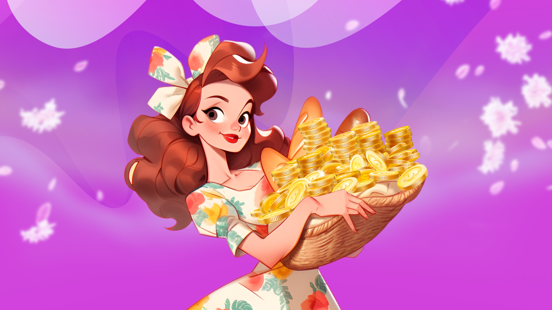 Woman with long red hair holds a basket full of gold coins against a purple background.