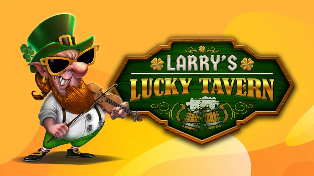 Cartoon character of an Irish leprechaun, Larry, from the SlotsLV online slot, Larry’s Lucky Tavern, holding a fiddle.