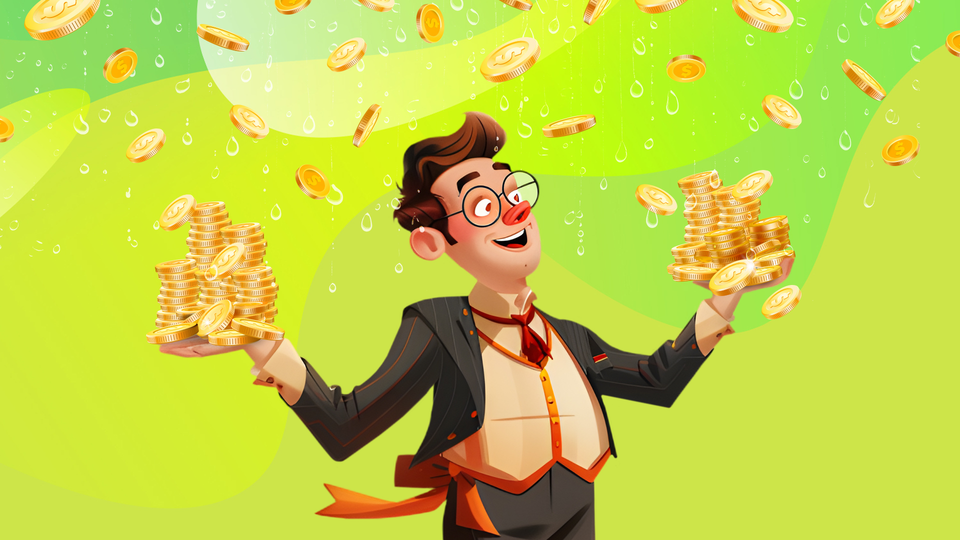 Man with glasses holds stacks of gold coins in each hand and some float around his head, all against a bright green background.