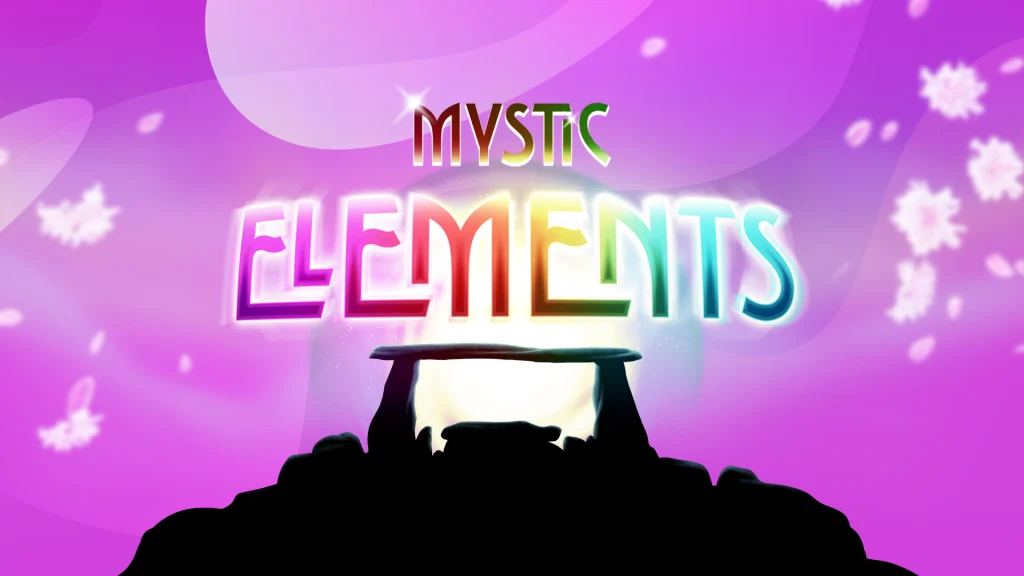 Text reads ‘Mystic Elements’ atop a shadowy mountain against a purple background with white spots.