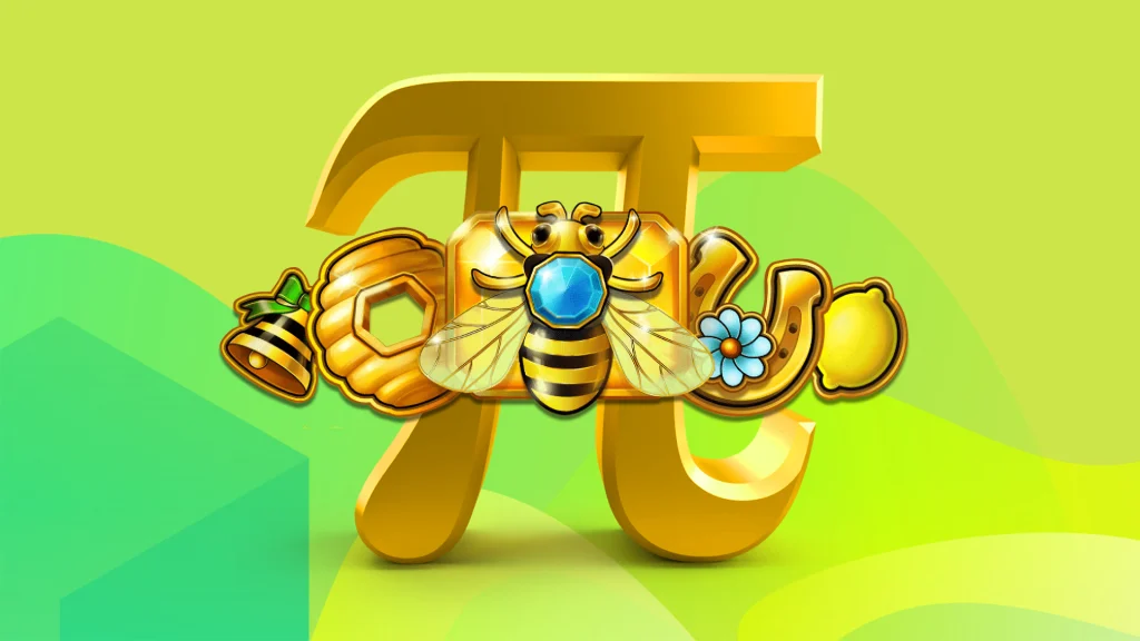 The mathematical PI symbol, surrounded by symbols from the SlotsLV online slot, Fruit Million, including a bee, a hive and a lucky horseshoe.