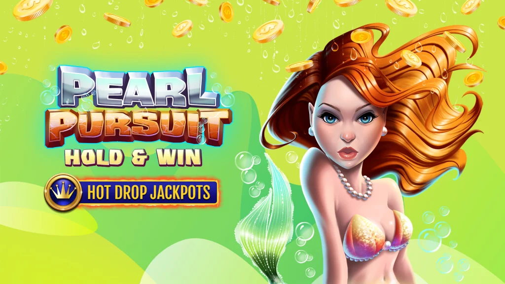 With a bright green background and gold coins floating in the air, a mermaid is in the foreground next to text that reads ‘Pearl Pursuit Hold & Win Hot Drop Jackpots’, a SlotsLV online slots game.