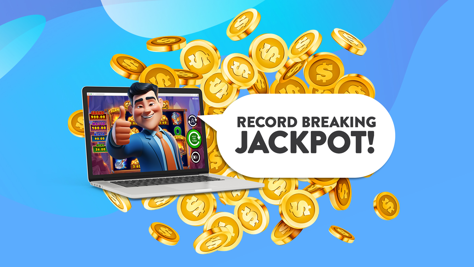 A cartoon man in a suit coming out of a laptop screen, with a speech bubble that reads ‘Record Breaking Jackpot’, on a blue background.