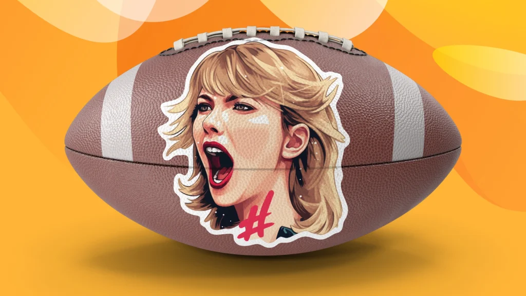A graphic depicting Taylor Swift is printed onto an American football on a vibrant yellow background.
