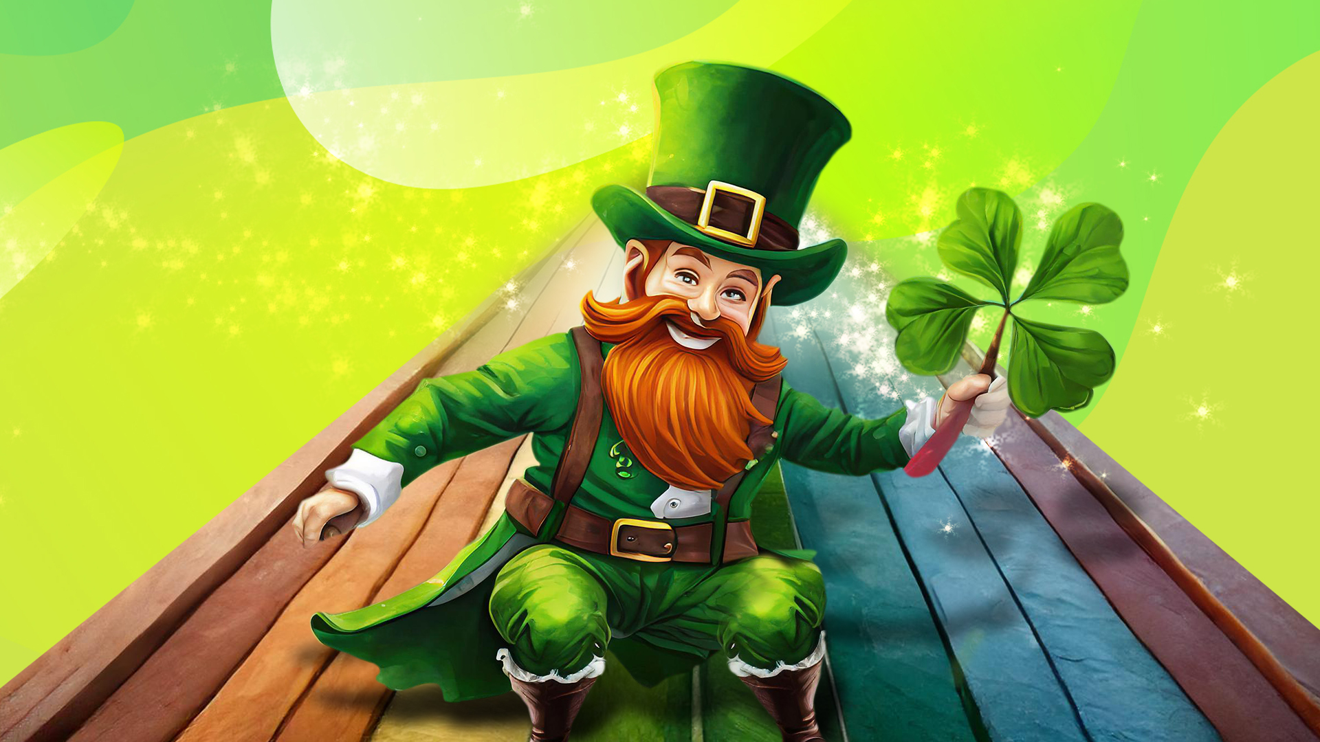 A traditional Irish leprechaun is sitting on a wooden surface holding a three leaf clover, on a two-tone green background.