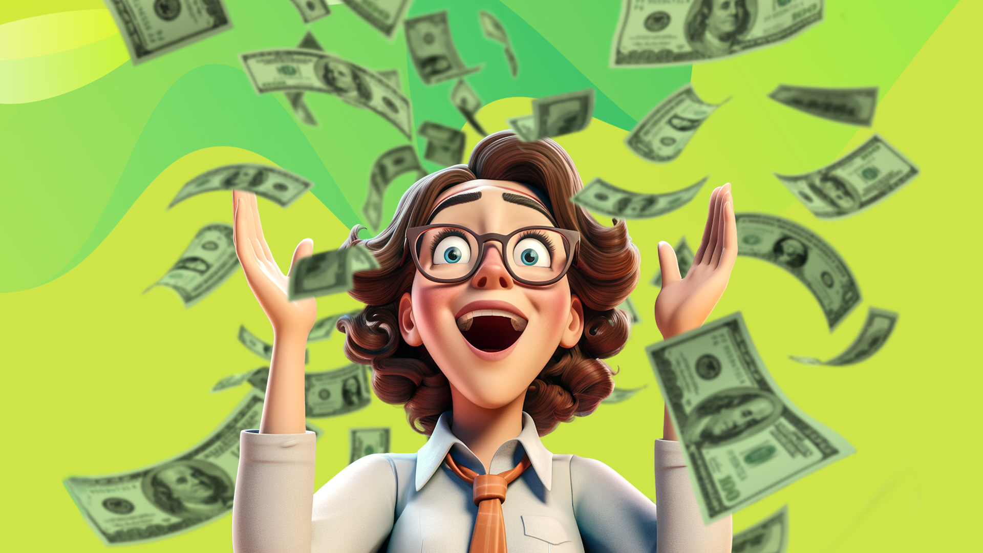 A cartoon woman wearing glasses looks up in wonder as 100-dollar bills float around her on a light green background.