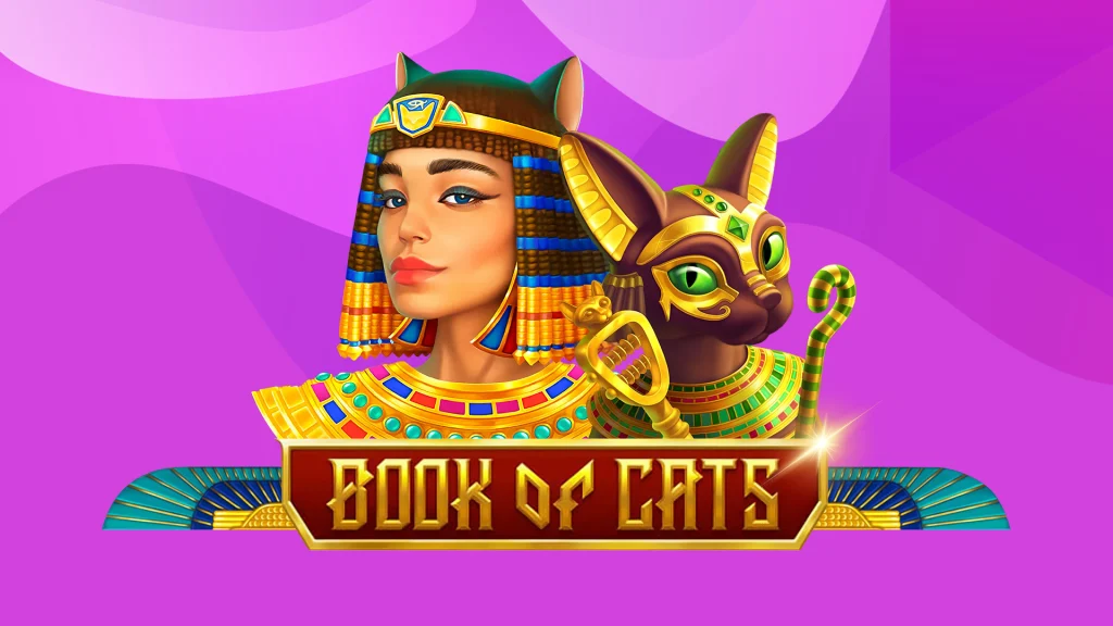 An ancient Egyptian cartoon lady and cat are centered alongside the wording ‘Book of Cats’. 