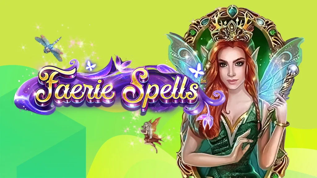 A red haired faerie queen is standing next to the logo for the SlotsLV online slot, Faerie Spells, on a two-tone background.