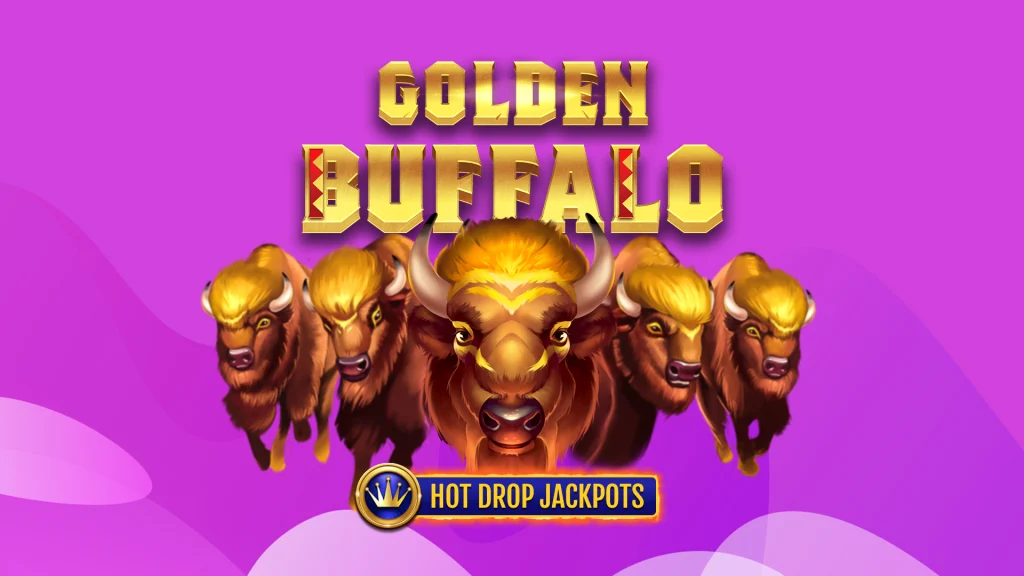 Five buffalo feature alongside the wording ‘Golden Buffalo Hot Drop Jackpots’, from the SlotsLV online slots game, on a purple background.