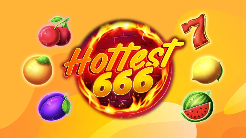 Hottest 666 online slots logo with symbols of lemons, melons and cherries.