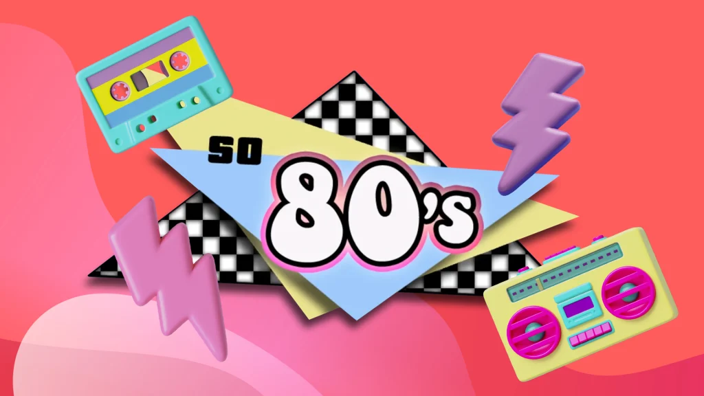So 80’s online slots game logo with stereo and cassette image.